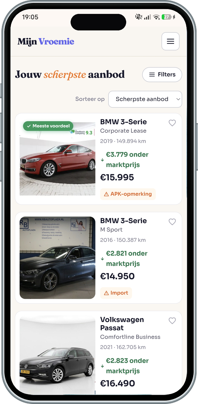 Mijn Vroemie met scherp geprijsde auto's op je telefoon